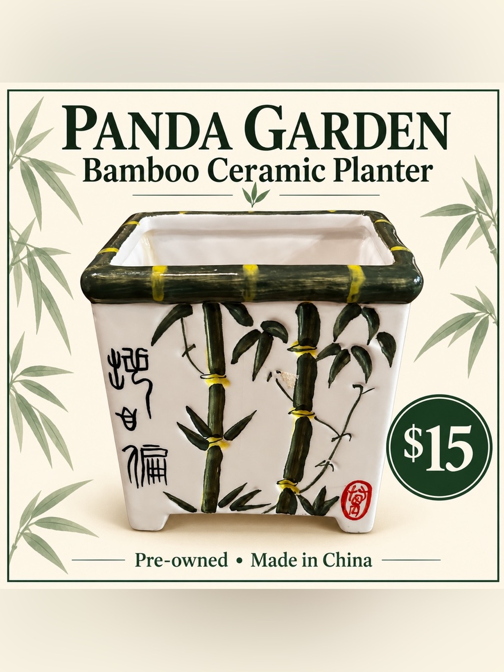 Made In China Bamboo Ceramic Planter - White & Green